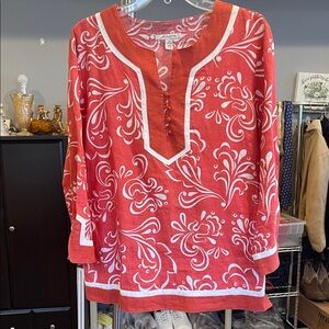 JM Collection Red White Floral 100% Linen Tunic Top Size 12 Boho  Split Neck